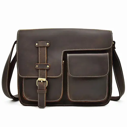 Premium Leather Messenger Bag with Multiple Front Pockets and Buckle Detail